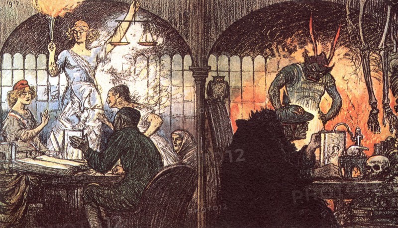 Caricature parue dans "La Baïonnette" : le génie du Bien et le génie du Mal, 1917