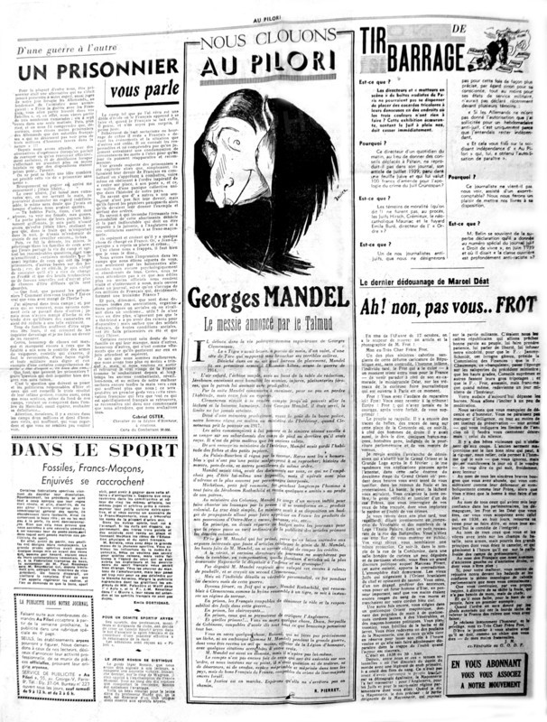 Page du journal anti-maçonnique et antisémite "Au Pilori"