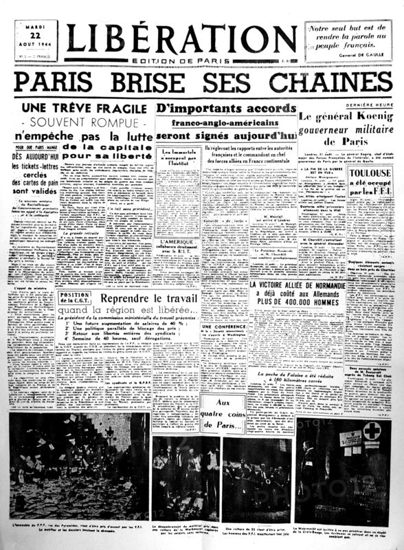Une du journal "Libération". "Paris brise ses chaînes"