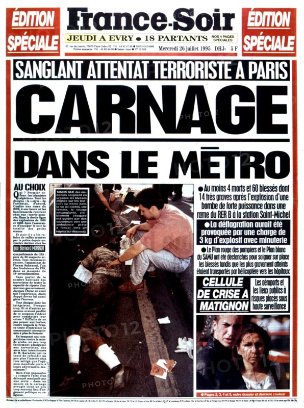 An edition of the newspaper "France-Soir". Paris. After the attack in the R.E.R. at the Saint-Michel station