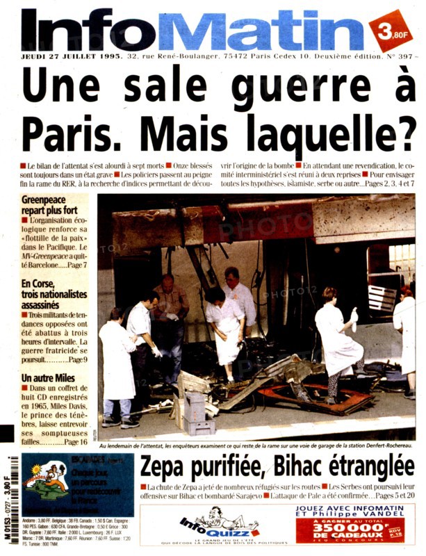 An edition of the newspaper "InfoMatin". Paris. After the attack in the R.E.R. at the station Saint-Michel