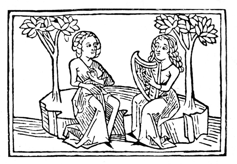 Gravure sur bois. Musicienne
