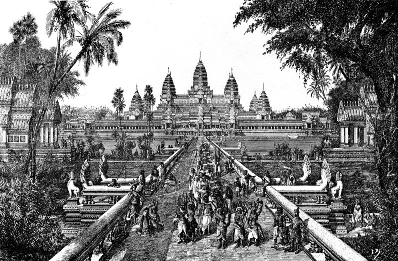 Angkor Wat. View of the West Way and all of the great temple. Engraving taken from "Monuments of Cambodia" by Louis Delaporte.