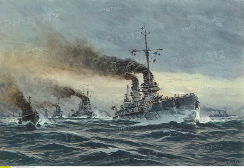 Stöwer, Vaisseau amiral "S.M.S. Deutschland" naviguant en formation dans la mer du Nord.