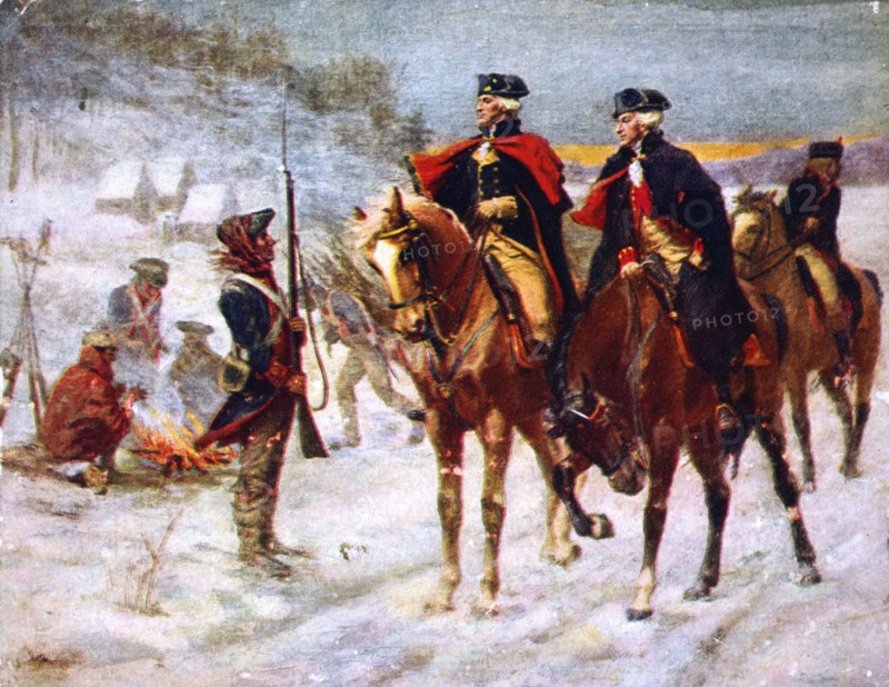 WASHINGTON: VALLEY FORGE. General George Washington with the Marquis de Lafayette (Marie Joseph Motier, right) and soldiers of the Continental Army at Valley Forge, Pennsylvania, late December 1777. After a painting by John Ward Dunsmore, 1907. 
American Revolutionary War (American War of Independence)