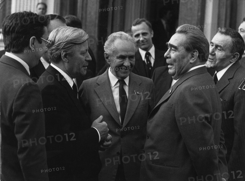 Besuch von H. Schmidt in der UdSSR - (v.l.) H. Schmidt, A. Kossygin, L. Breschnjew, A. Gromyko