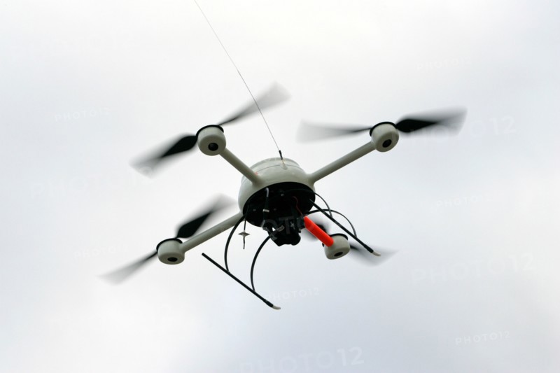 Germany Police. Equipment, devices: A remote-controlled SensoCopter (drone) equipped with cameras for police surveillance. Presentation at the Saxony Police Headquarters - 15/02/2008 - 15 February 2008  Germany, police: equipment, utensils: A remotely piloted aerial vehicle (RPV), presented by the police in Saxony, deployed with cameras for surveillance tasks. - 15/02/2008 - 15 February 2008