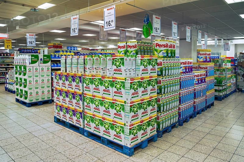 Shelf with detergent in a supermarket