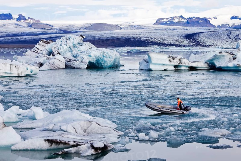 Motorboat in glacier lagoon Jokulsarlon
