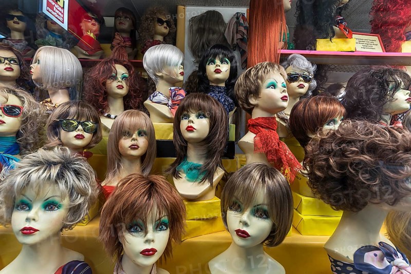 Shop window of a wig store