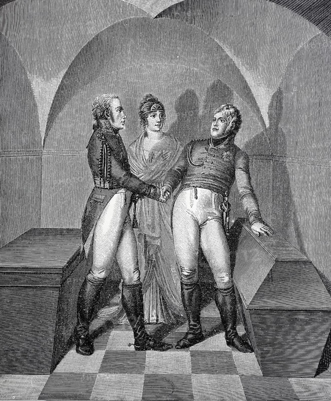 The farewell Alexander I of Friedrich Wilhelm III. and Luise at the coffin of Frederick the Great in the Garnisionskirche of Potsdam in the night of 3 to 4 November 1806