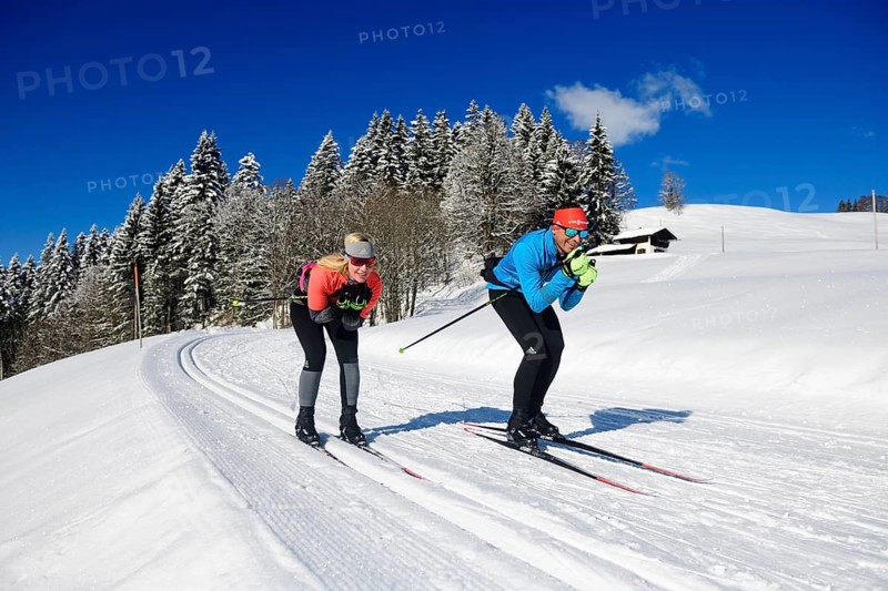 Olympic silver medalist Tobi Angerer with his wife Romy on the cross-country ski trail of Winklmoos-Alm