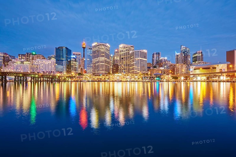 Skyline with skyscrapers in Darling Harbour at dusk