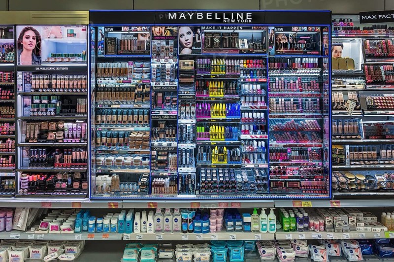 Shelf with cosmetic articles in a supermarket
