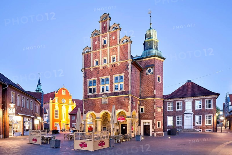 Historical town hall of the city Meppen with Munsterland stepped gable at dusk