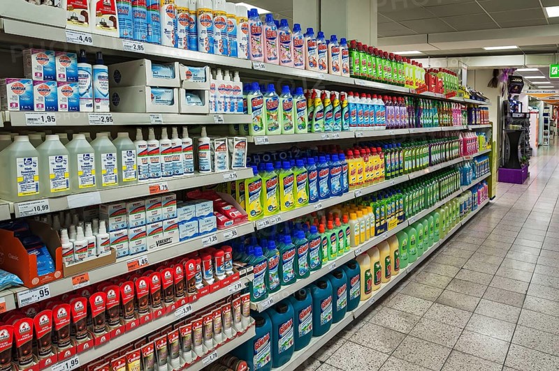 Shelf with cleaning materials in a supermarket