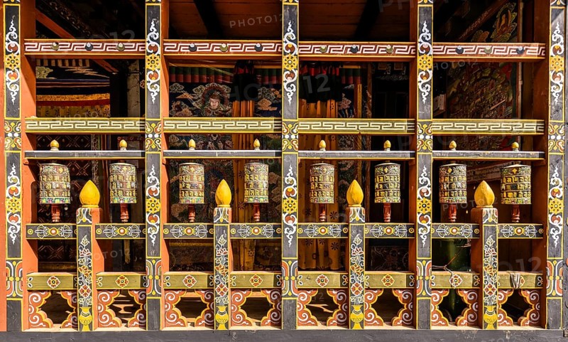 Prayer mills and mural painting in the monastery fortress