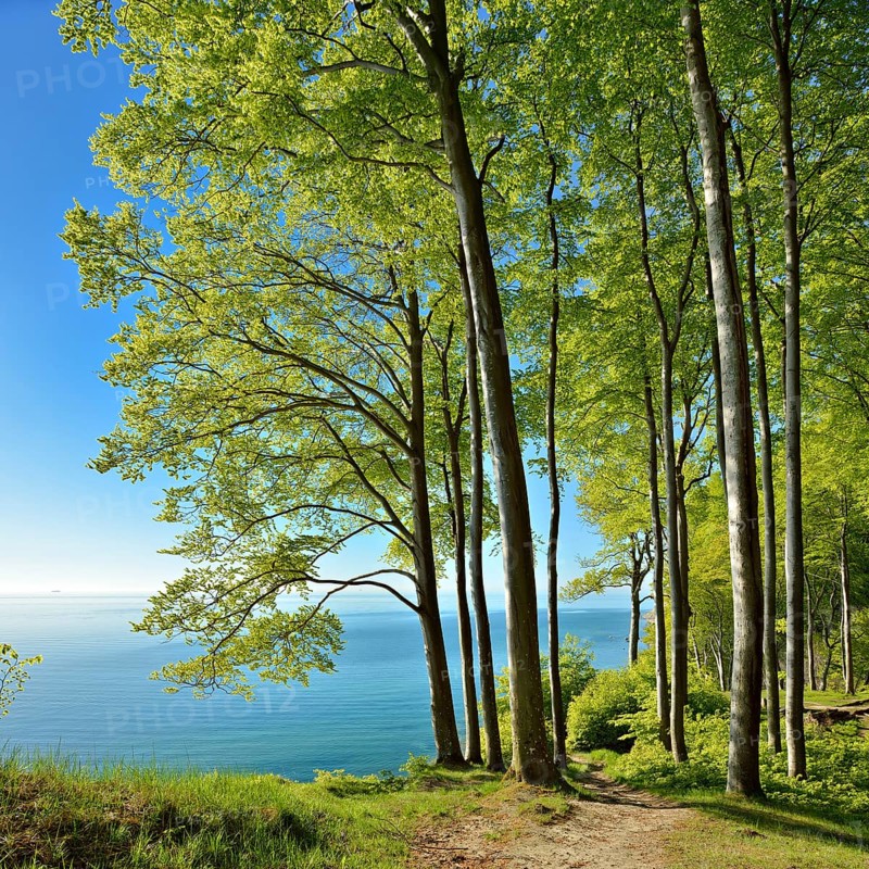 Hiking trail through beech forest on the high bank above the chalk cliffs in spring