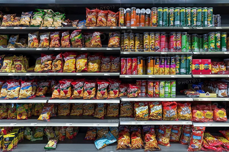 Snacks in a supermarket shelf