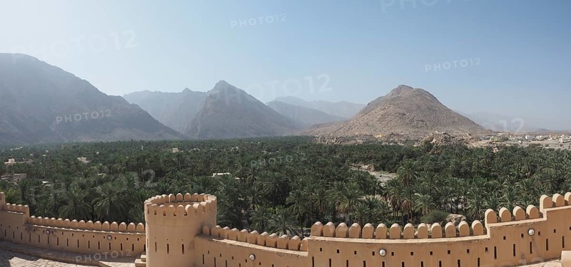 View over wall with battlements to palm oasis and Hajar Mountains