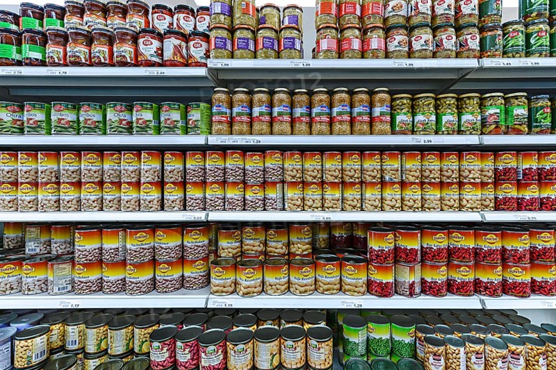 Canned vegetables on a shelf in a Turkish supermarket