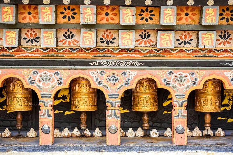 Buddhist prayer wheels in a temple