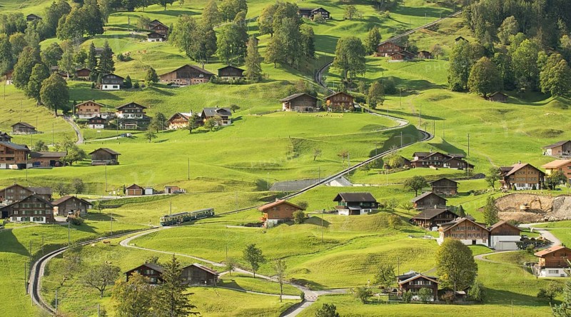 Grindelwald Grund district with Wengernalp railway to Kleine Scheidegg