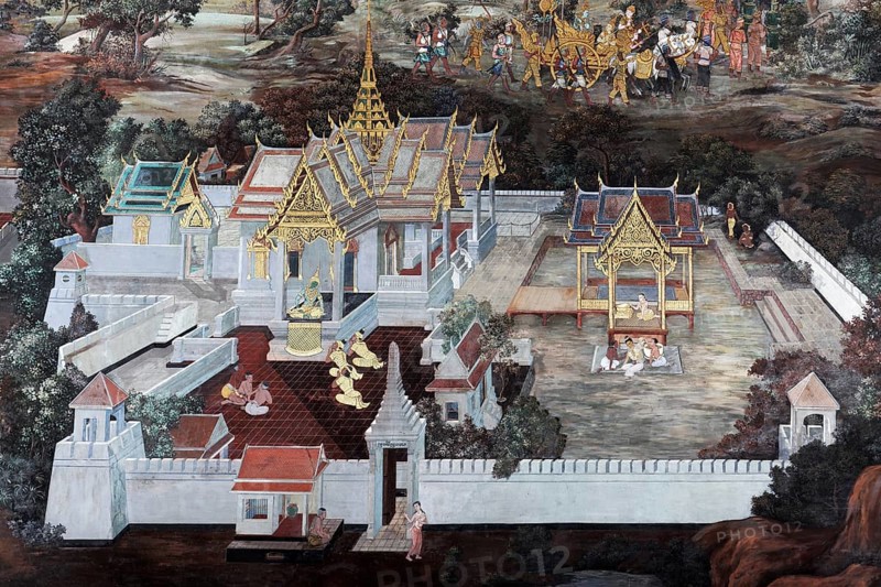 Buddhist temple complex with scene from Ramakia