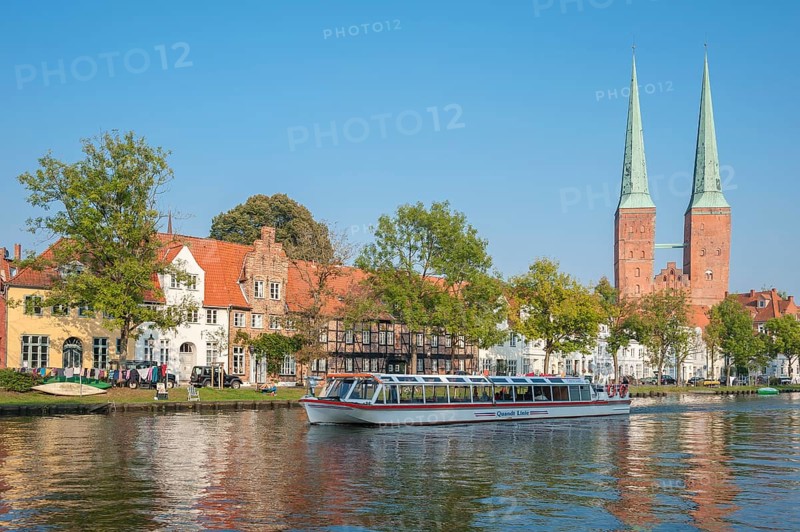 Historical townscape on the river Trave with cathedral