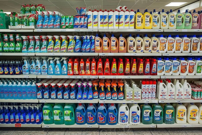 Shelf with cleaning materials in a supermarket