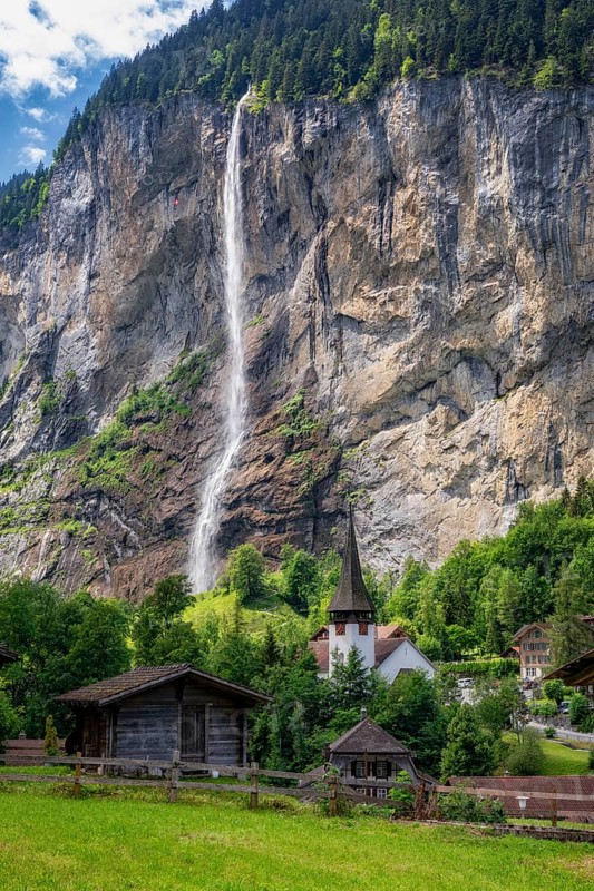 View of Lauterbrunnen with Staubbach Falls