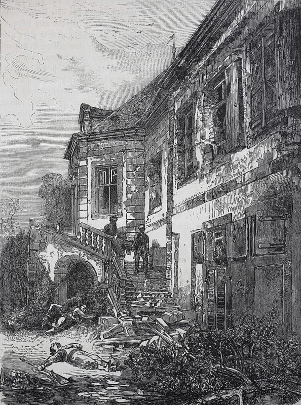 Dead soldiers and the demolished Castle Schafenburg on the Gaisberg near Heidelberg after the storming