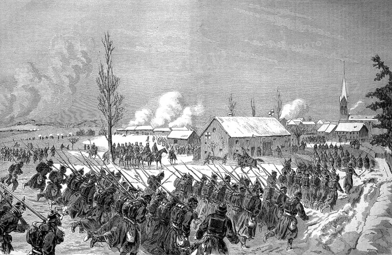 The Baden brigade of Degenfeld on the advance through the place Frahier to attack Echevanne on January 17