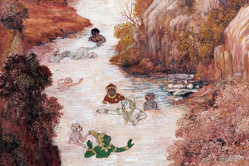 Hanuman baths in a river