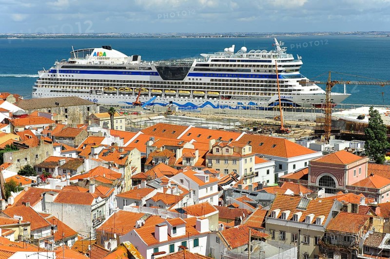 View from Miradouro das Portas do Sol on river Tejo with docked cruise ship