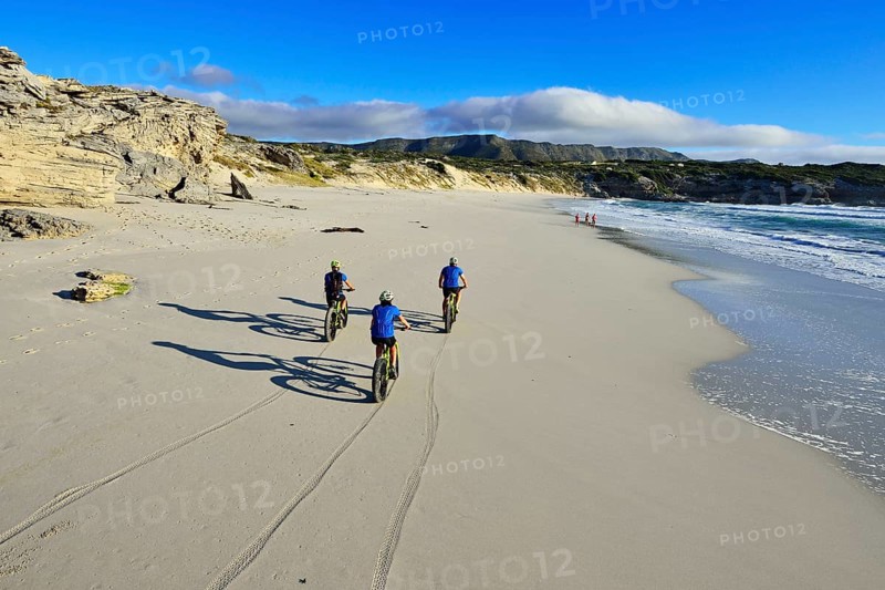 Mountain bikers with Fatbikes at the sandy beach