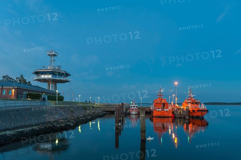 Pilot boats and control tower of the traffic control centre at the mouth of the Trave