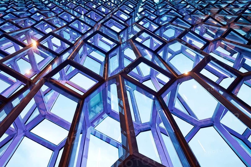 Facade detail of the honeycomb structure made of dichromatic glass by Olafur Eliasson