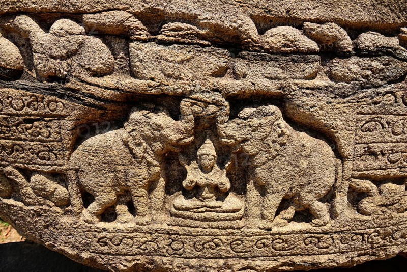 Moonstone with elephant motifs in front of the round reliquary house Vatadage