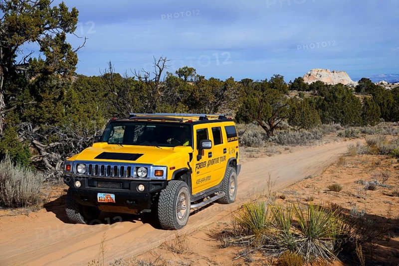 Yellow Hummer driving on a sand track to White Pocket Canyon