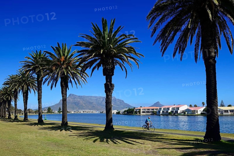 Cyclist in front of Woodbridge Island with views of Table Mountain and Lion's Head