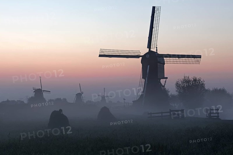 Historical windmills in the early morning fog at dawn