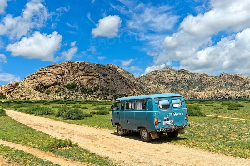 UAZ four wheel drive on the way to the Khugnu Khan mountain range