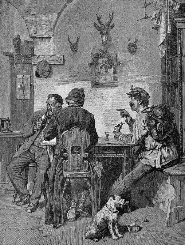 Impostor bothering the locals in a village inn with his tales