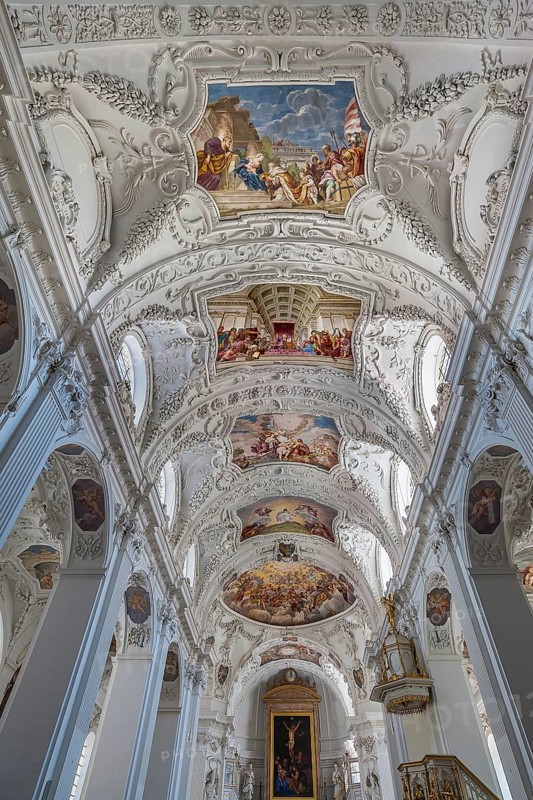Interior view with chancel and ceiling frescoes and stucco