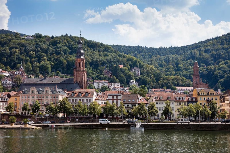 City view with Church of the Holy Spirit on the banks of the Neckar