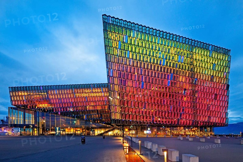 Illuminated Harpa Concert Hall at dusk