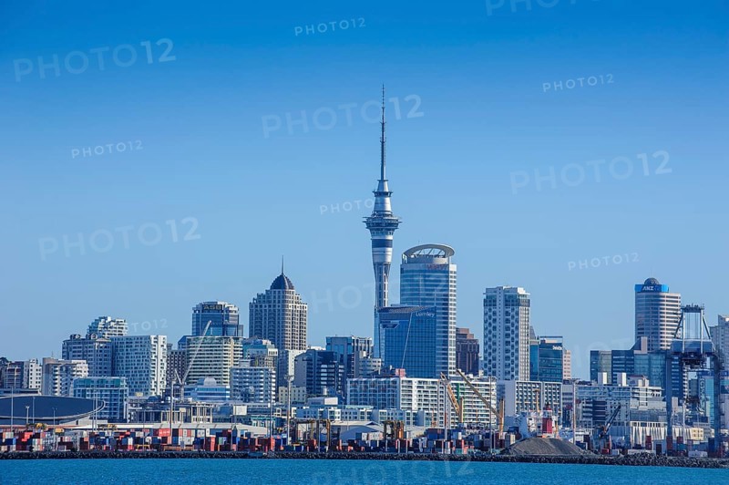 Container harbour and skyline of Auckland
