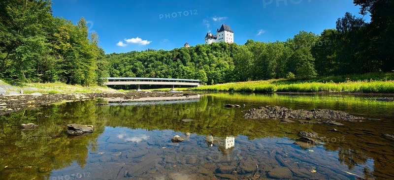 Castle Burgk Castle and covered wooden bridge on the river Saale