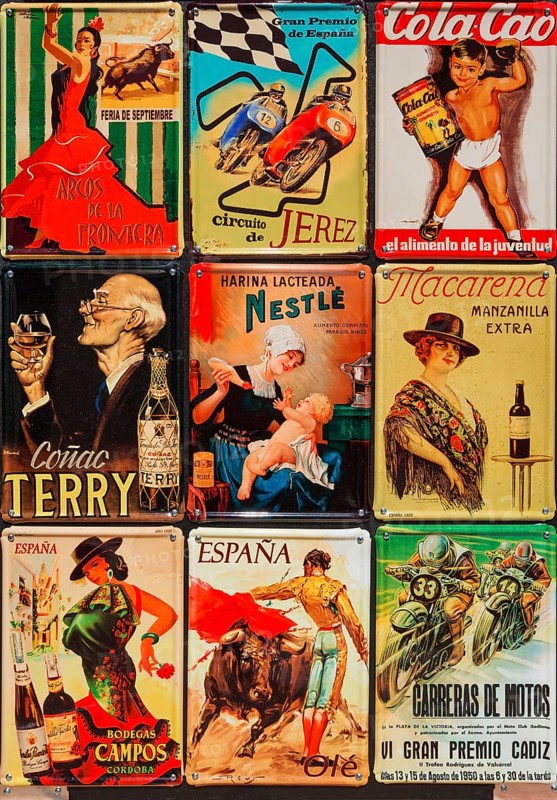 Retro style tin plaques in a souvenir shop